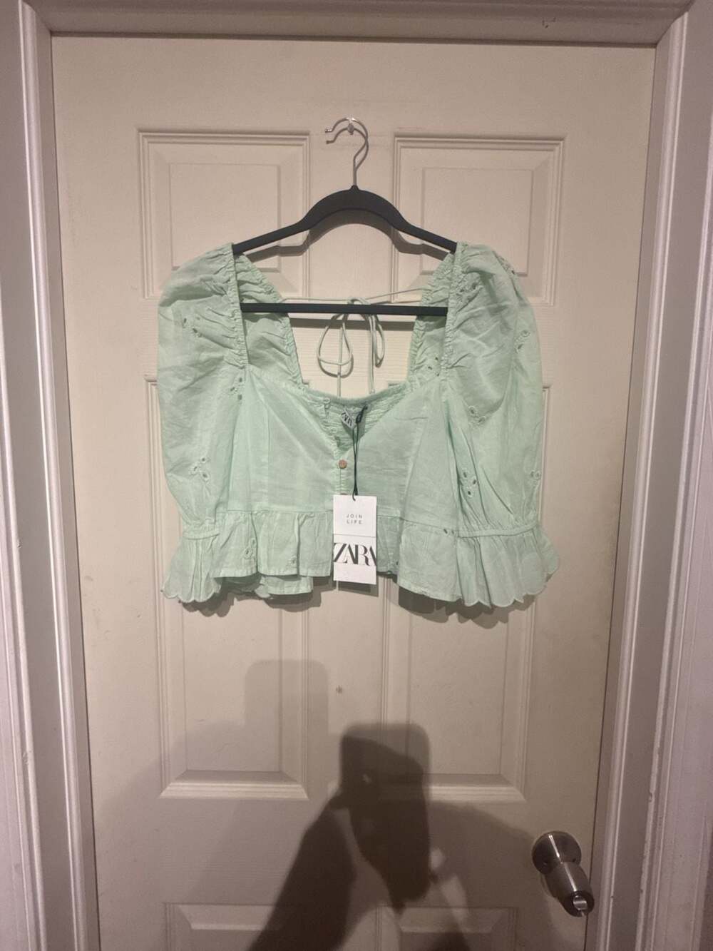 Zara Embroidered Eyelet Blouse Size XS Mint Green Crop Top
